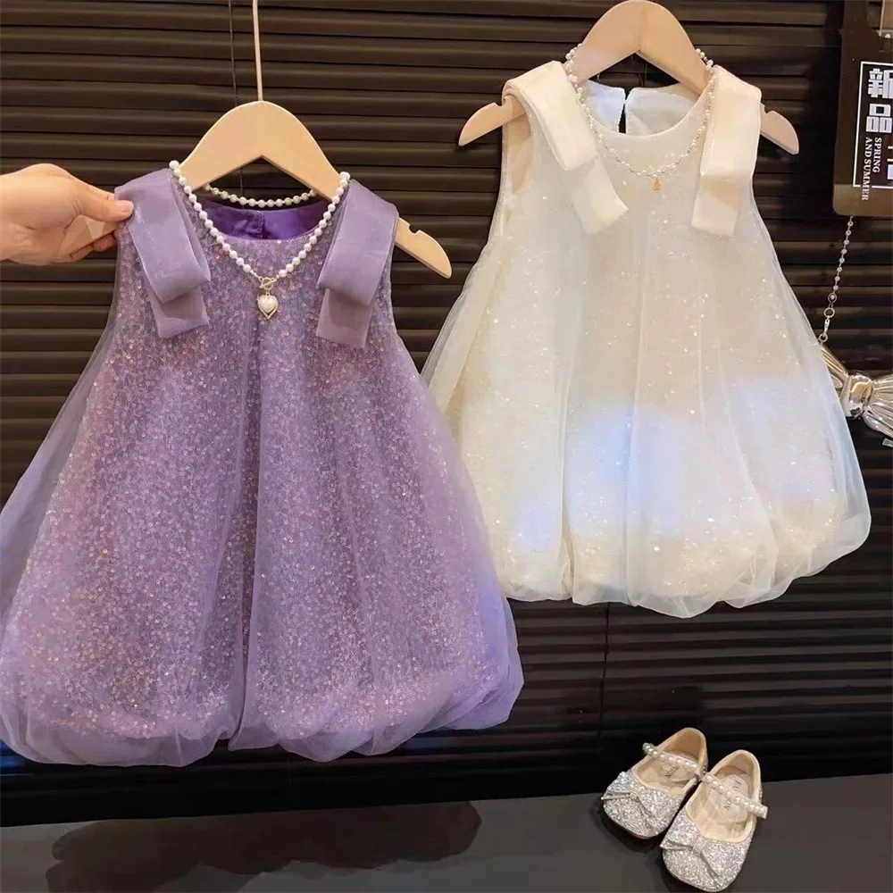 

Girls Casual Dresses New Children Clothing Summer New Princess Flower Bud Sequin Mesh Yarn 2024 Sequin Sweet Round Collar