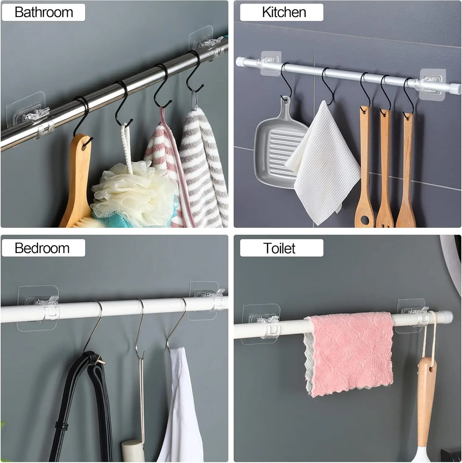 No Drill Curtain Rod Holder Hooks, 8PCS Self Adhesive Brackets for Bathroom Kitchen, Clear view 4