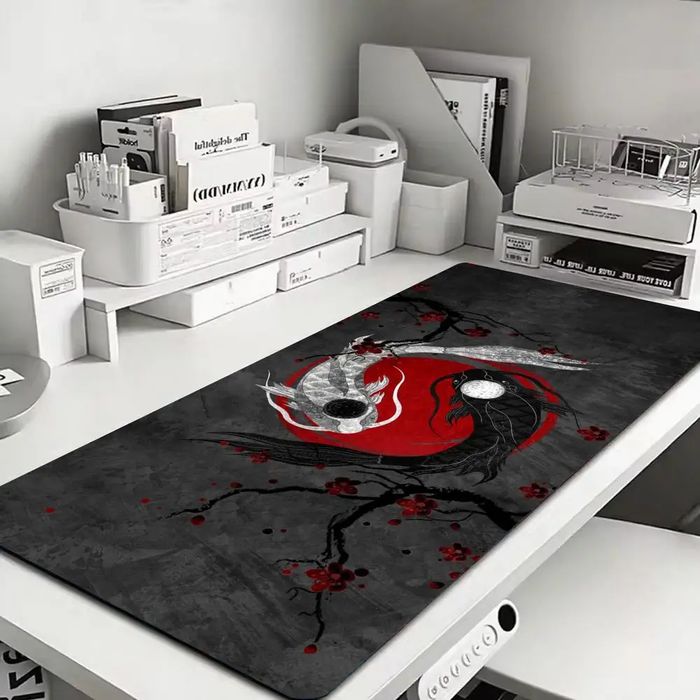 

Yin - Yang Koi & Plum Blossom Mouse Pad Desk mat with stitched edges: XXL grip surface for esports gear & mechanical keyboards