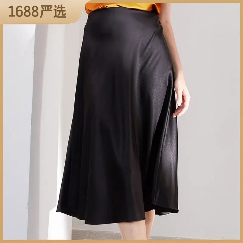 19 Mm Pure Silk Slim Fit A-line Solid Stain Women's Summer Long Skirt High Quality Office Lady Dress Women's Clothing