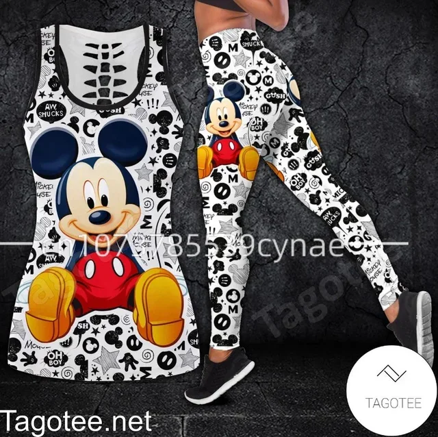 Disney-Chaleco hueco de Mickey y Minnie para mujer, traje de Yoga, Leggings de Fitness, traje deportivo, camiseta sin mangas, conjunto de mallas