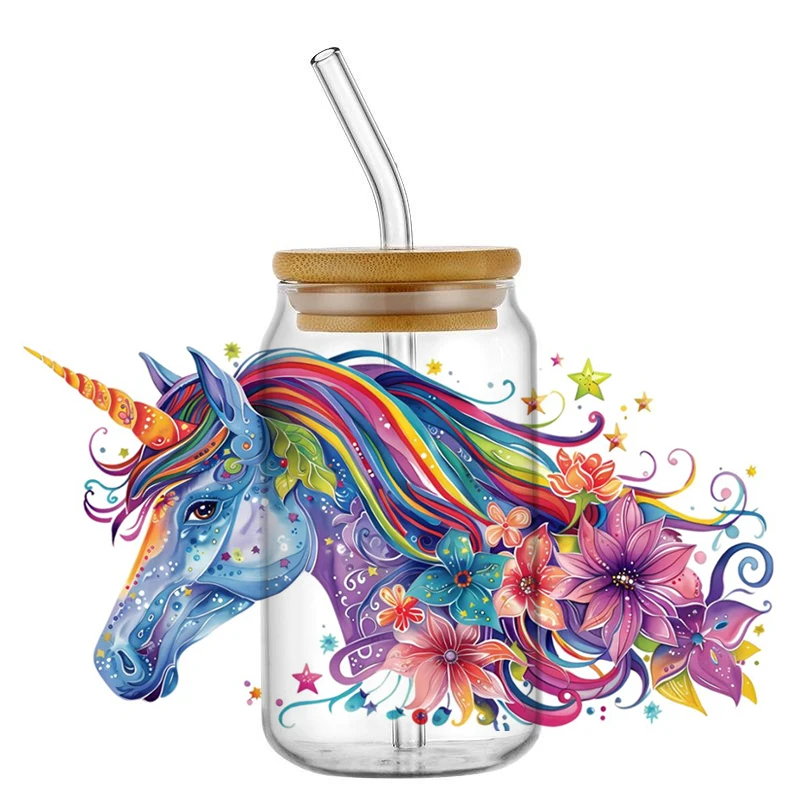 Unicorn 16OZ UV DTF Cup Wraps Transfer Sticker for Glass Libbey Can Bottle Selfadhesive Washable DIY Custom Mug Sticker