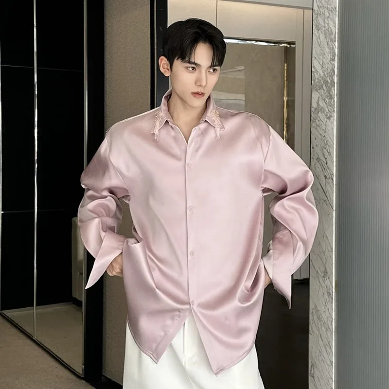 WVGA 2026 Spring New Man Tide Heavy Beaded Chain Trendy Design Turn Down Collar Long Sleeve Shirts Niche Chic Casual Tops W20538