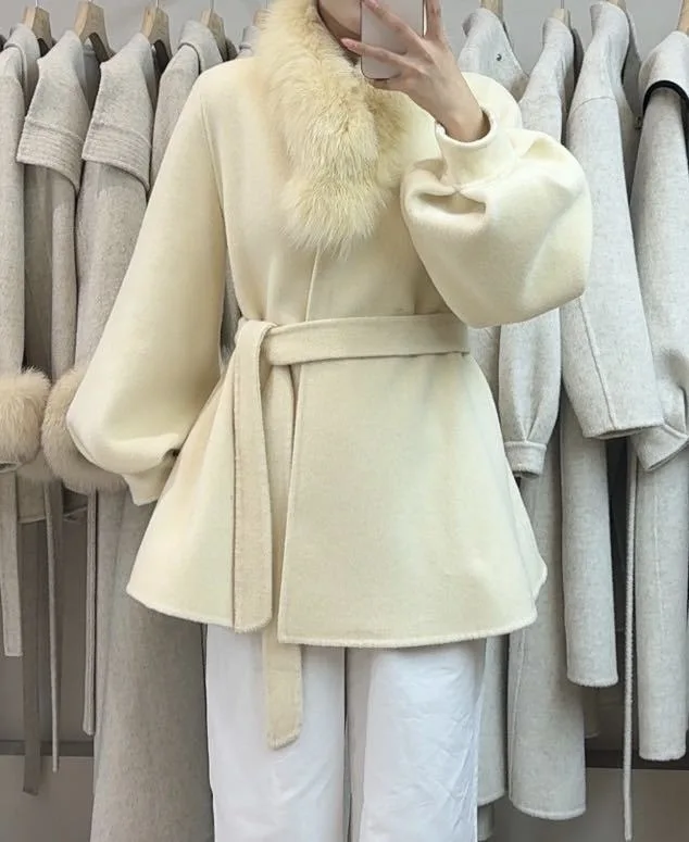 OFTBUY Women's Short Wool Coat Real Fox Fur Collar Belted Waist Woolen Clothing Winter Warm Luxury Slim Solid Color Outerwear