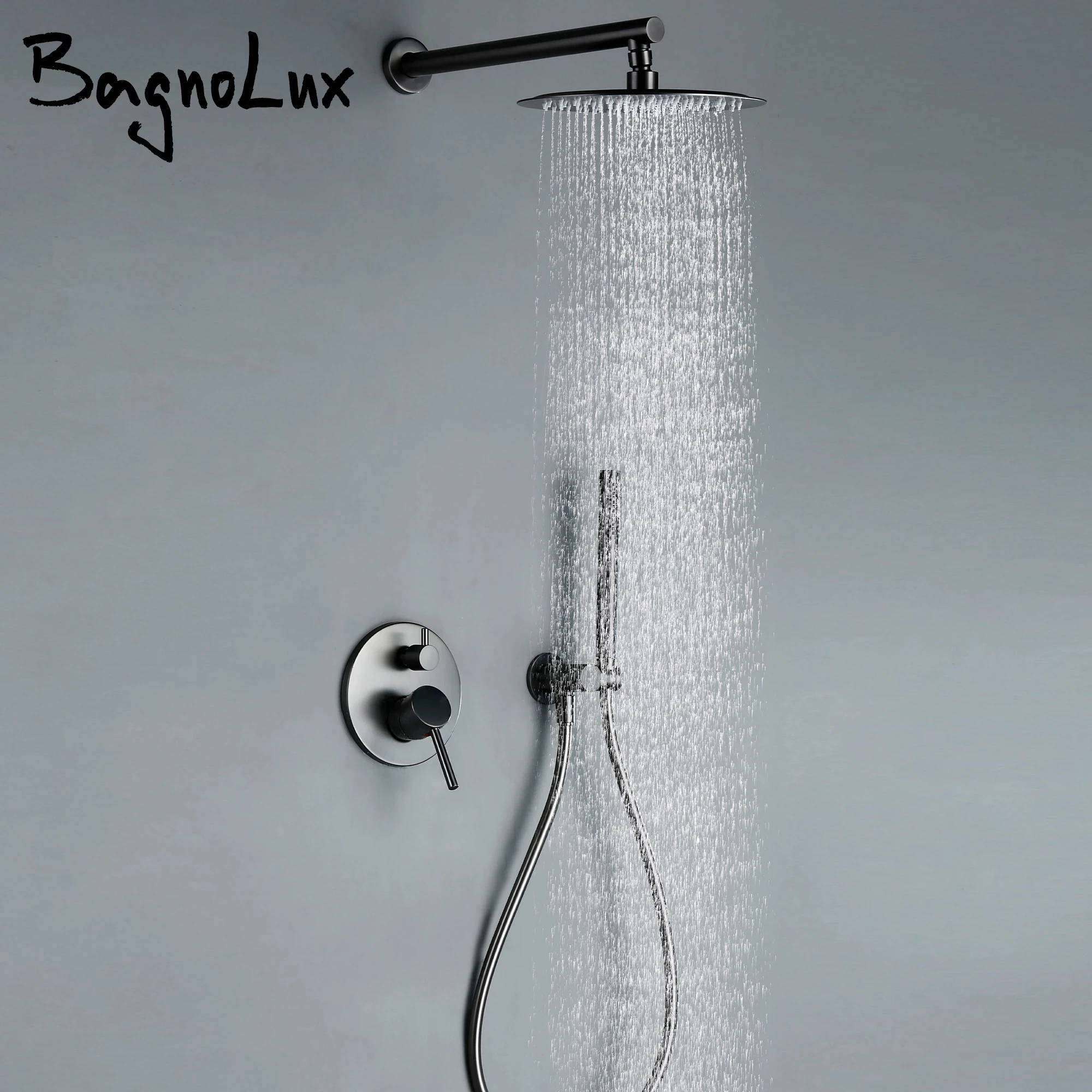 Bagnolux-真ちゅう製のシャワーセット,グレーのバスセット,高級コンボ,壁掛けアーム,温水と冷水,ミキサー,バスルーム用