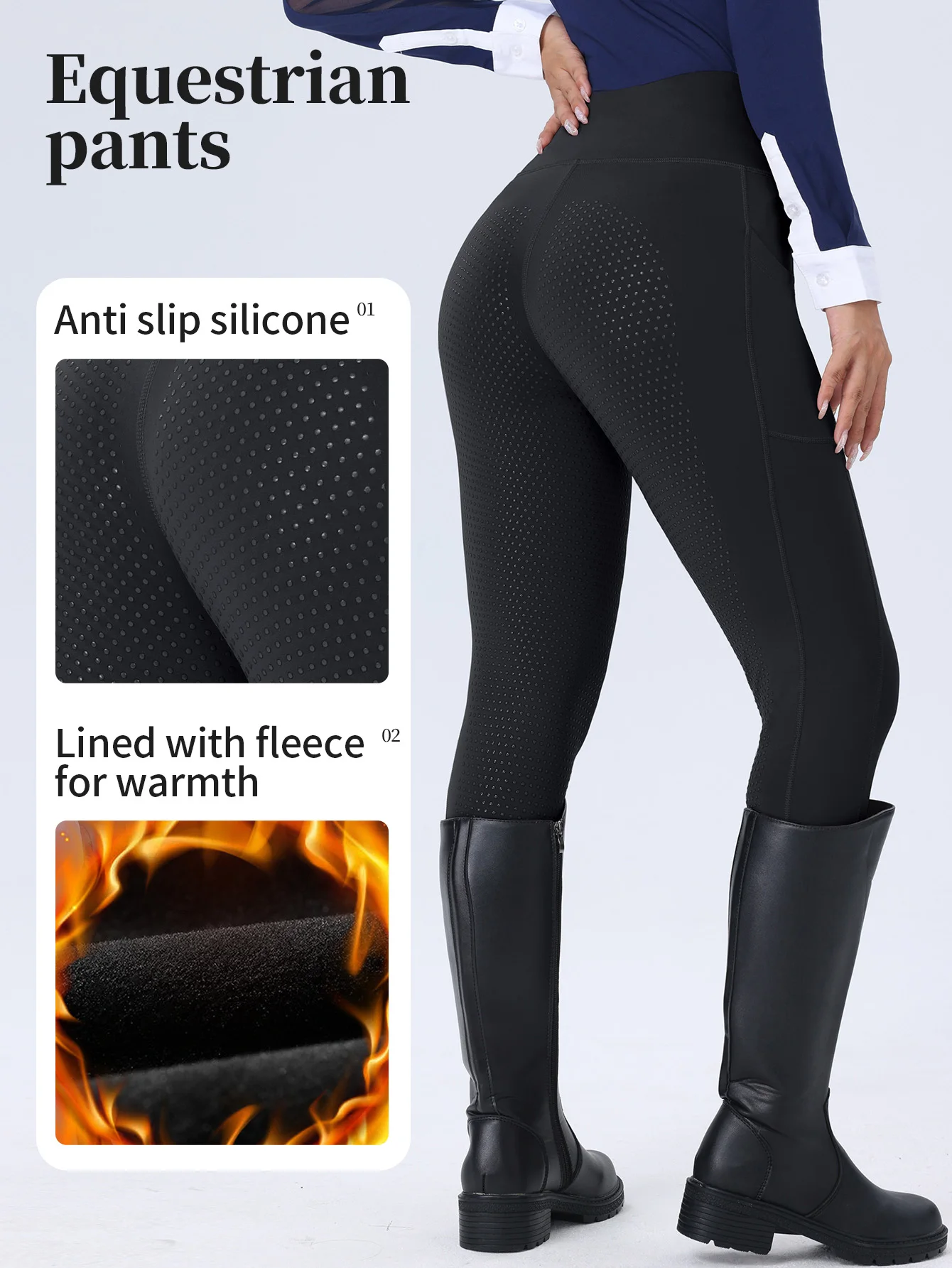 Women Autumn Winter Fleece Lined Equestrian Breeches High Waist Horse Riding Leggings Wear Resistant Full Seat Silicone Non Slip