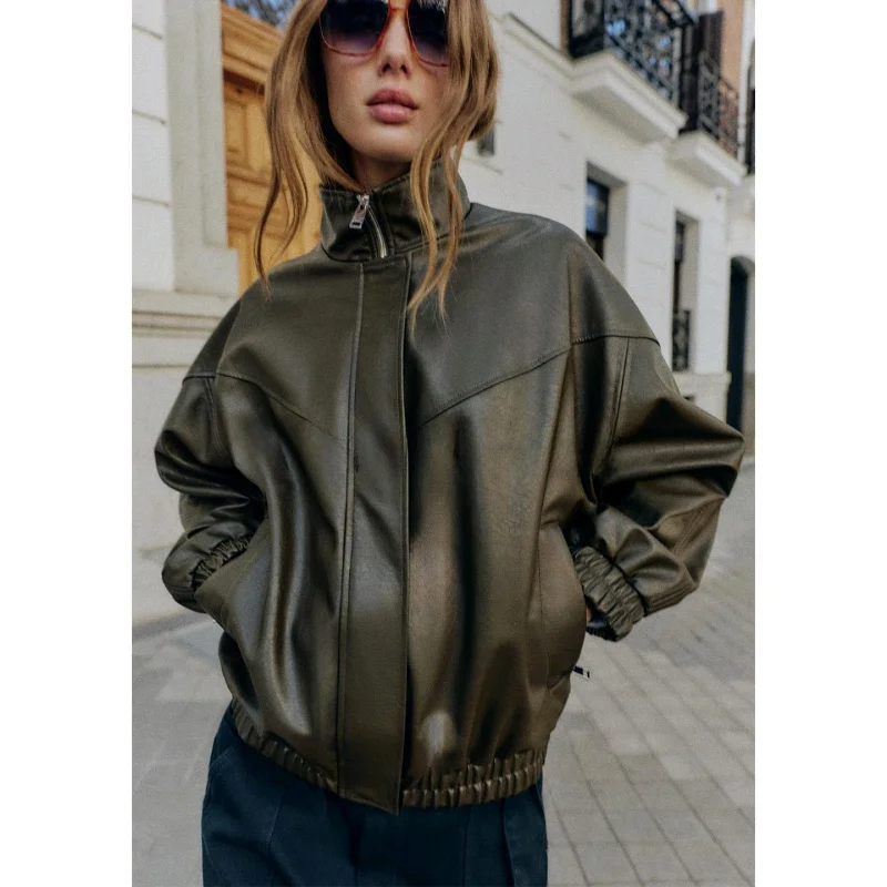 الشتاء المرأة عادية Sle سستة طويلة Sve الوقوف طوق بولي Leather الجلود الطيار Jaet معطف Faionable ملابس خارجية 30027 #3