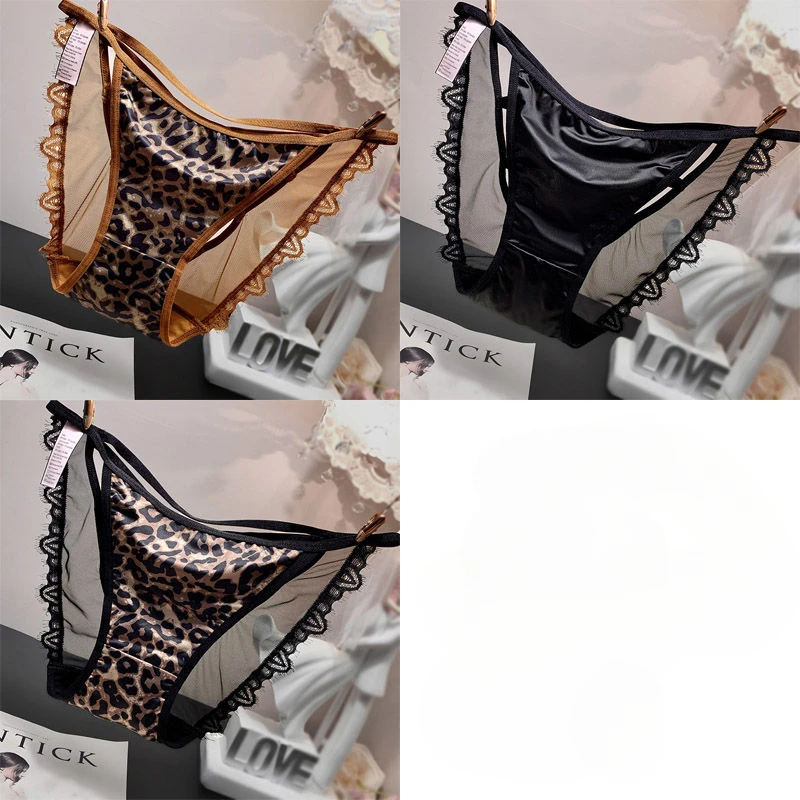 Sexy Leopard Print Cutout Lace Panties Women Underwear Bow Thin Silky Satin Briefs Girl Cotton Crotch Shorts Low Rise Lingerie