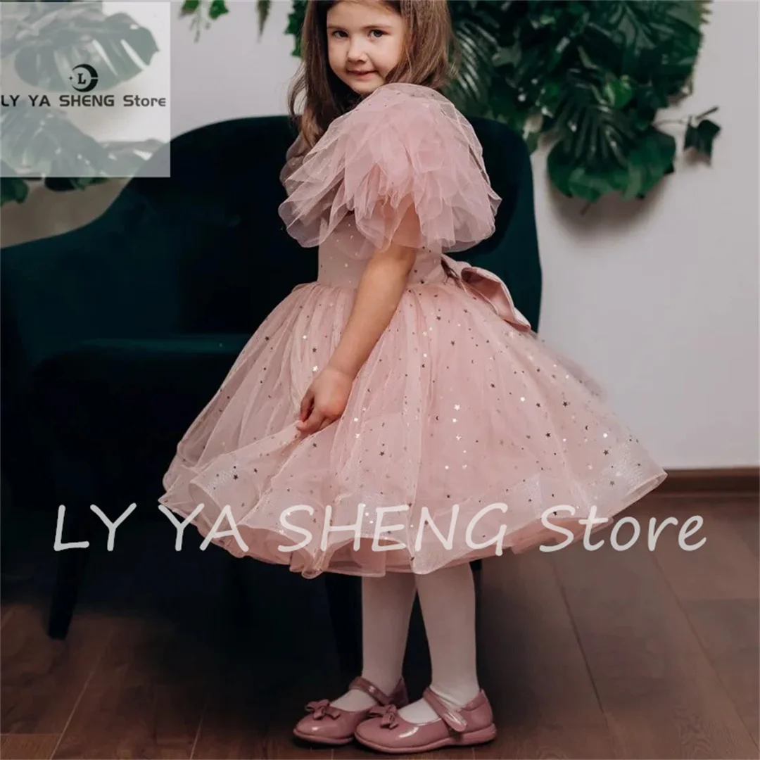 Puffy Pink Flower Girl Dress For Wedding Shining O-Neck With Bow Princess Kids Birthday Party First Communion Ball Gown