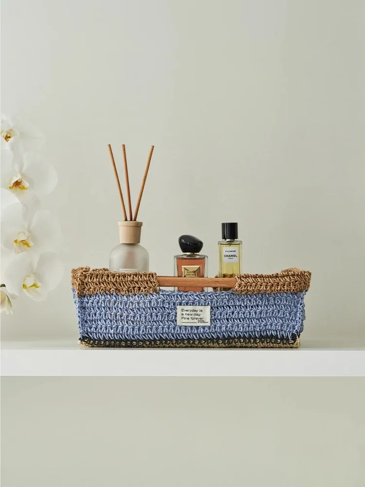 Lafite Grass Desktop Storage Basket Multi Functional, Handmade Woven Storage Box with Antique Style, Miscellaneous Sorting