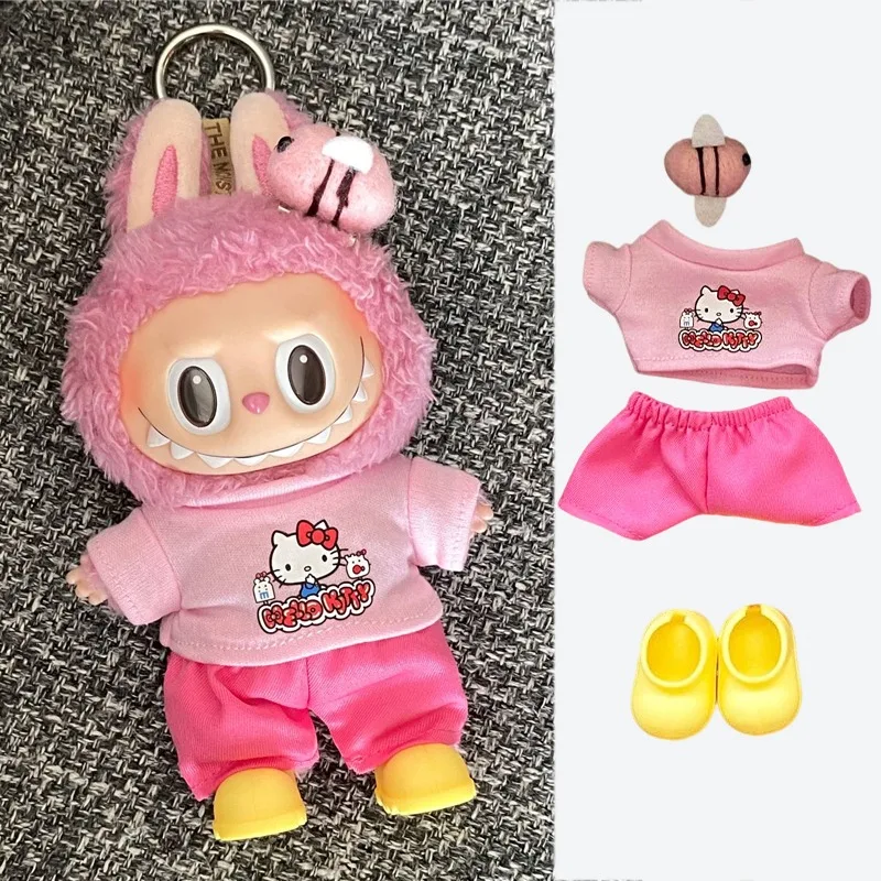 15 17cm para muñeca Labubu, vestido con tirantes de lunares, Ropa Kawaii Hellokitty, pantalones con tirantes de vaquero, Legging recto, Ropa