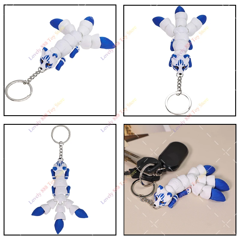 Actiefiguren 3D-geprinte drie staartvos sleutelhanger hanger speelgoed schattig diermodel gewrichten beweegbare vos desktop ornament
