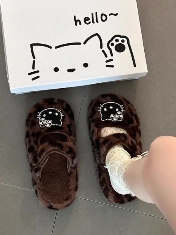 

Kawaii Hello Kitty Sanrio Students Cute Cartoon Furry Outside Wearing Slippers Children Comfortable Warm Slippers Gift for Kids