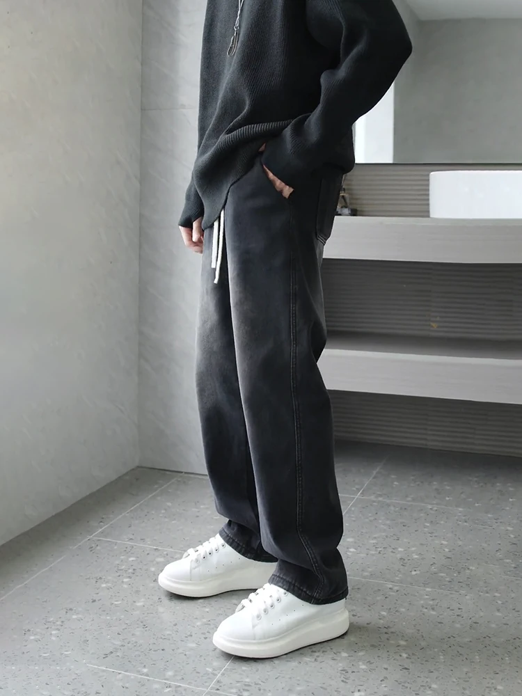 

Black Fleece Lined Straight Leg Jeans for Teens American Style Drawstring Elastic Waist Trousers Winter Wear Casual Loose Wid...