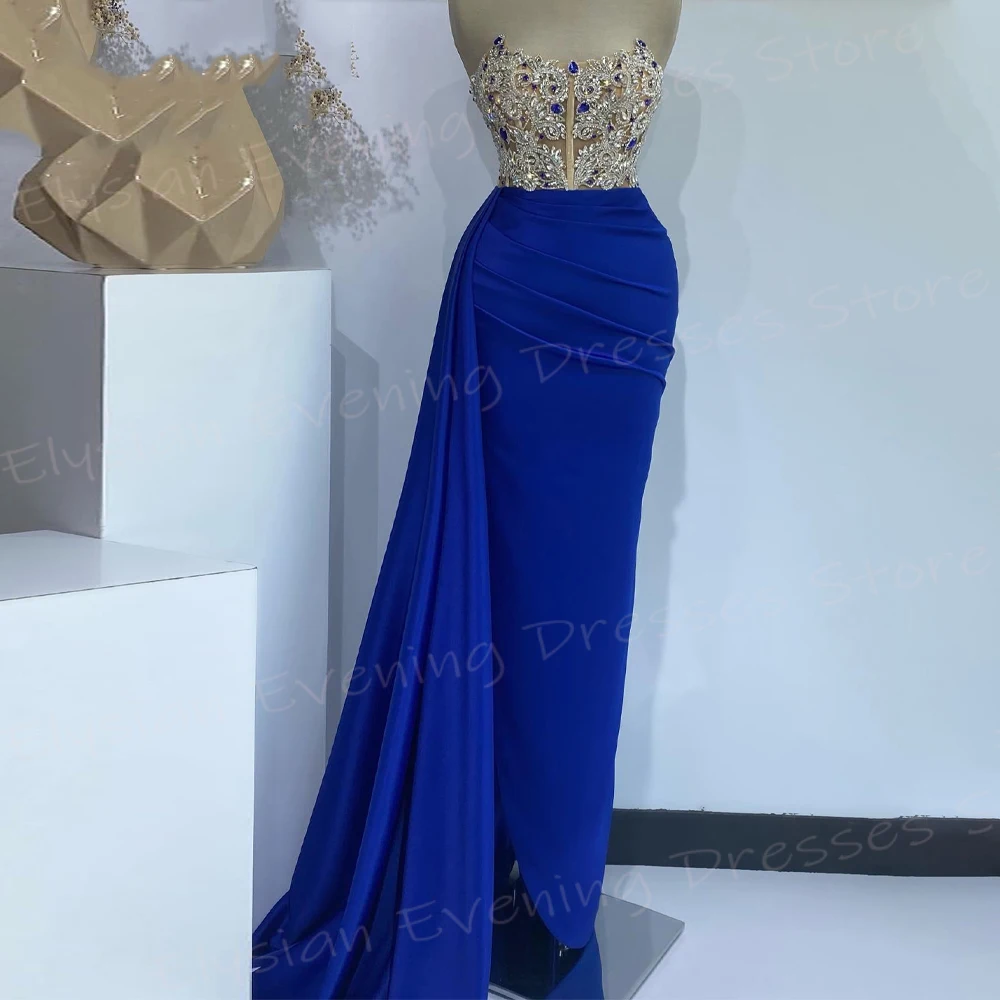 

Graceful Blue Women's Mermaid Pretty Evening Dresses Sexy Strapless Sleeveless Prom Gowns Beaded Formal Party Vestido De Noche