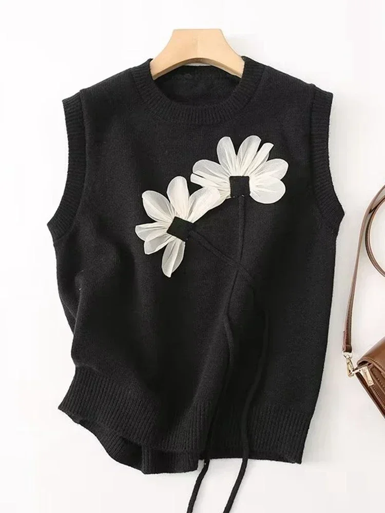 Women 2024 Spring Autumn Loose Flower Knitted Vest Sweater Sleeveless Female Waistcoat