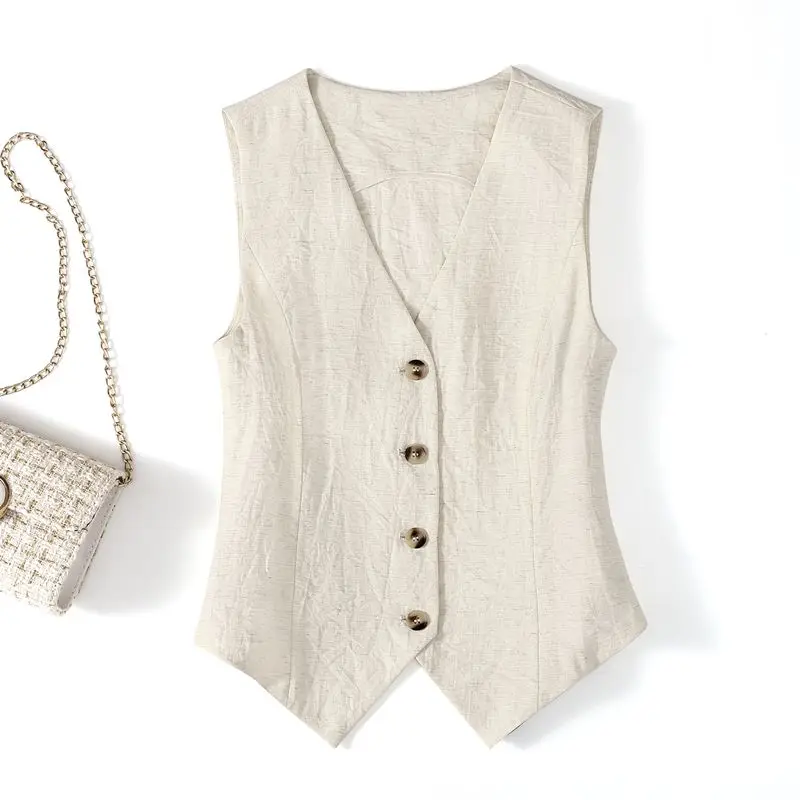 V-neck Cotton Linen Vest Women Waistcoat Spring Summer Casual Thin Sleeveless Short Korean Button Silm Women's Vests Coat