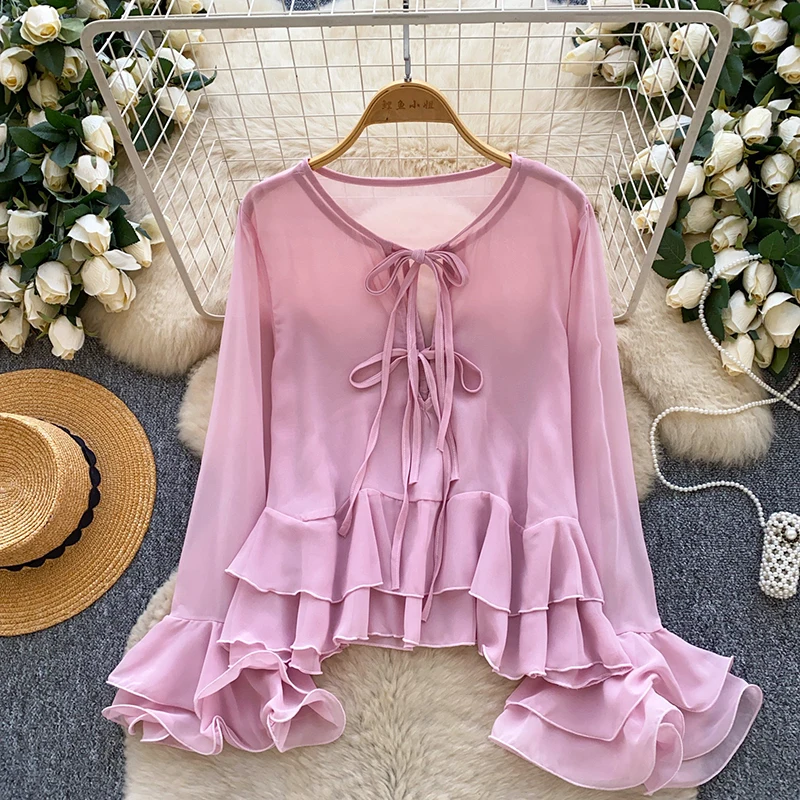 Spring Autumn French Sweet Ruffle Horn Sleeve Blouse Women's New Fashion Long Sleeve Loose Lace Chiffon Shirt Top T109