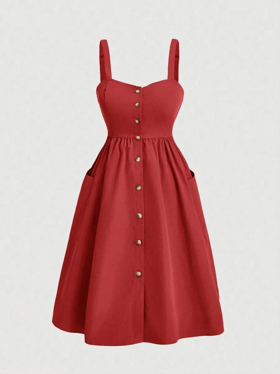 

Red Solid Color Button Front Pocket Sling Dress For Women