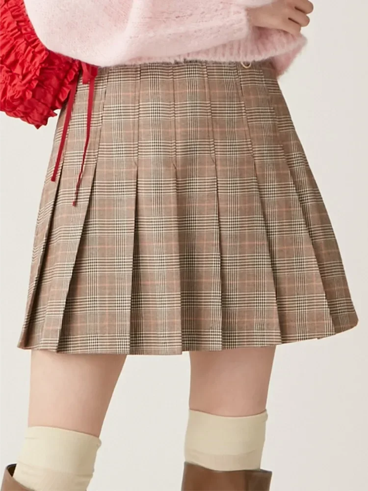 

Japan Style Vintage Draped Plaid Skirts Pleated Skirt with Belt Dress 2024 Autumn Winter All-match Short Female Jupe Women