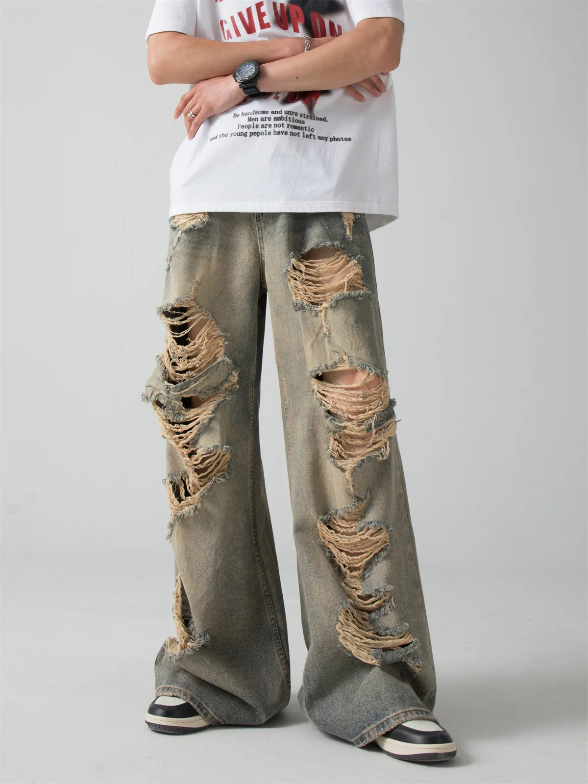 

Мужские джинсы в стиле ретро: широкие, свободные, с дырками, в стиле хип-хоп, для уличной моды, летние повседневные прямые джинсы