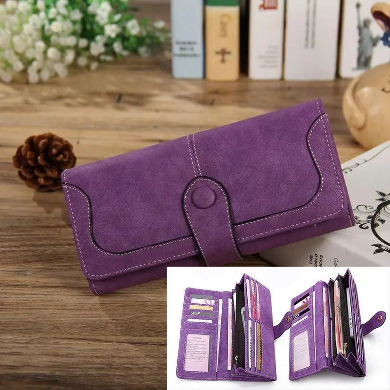 Cartera larga para mujer de piel nobuk de poliuretano, gran capacidad, bloqueo RFID, múltiples ranuras para tarjetas, bolsillo para monedas con cremallera, cierre a presión