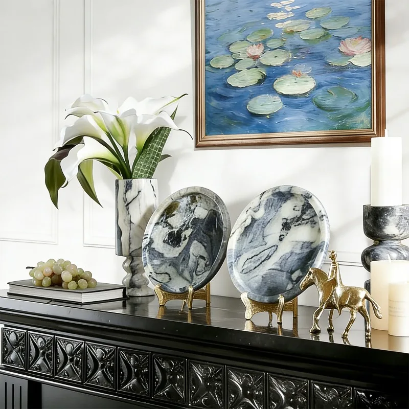 Marble Decor Plate Ornament, Modern Retro Chinese Style Display Tray, Aesthetic Soft Decor for Cabinet Open Shelf & Home Table