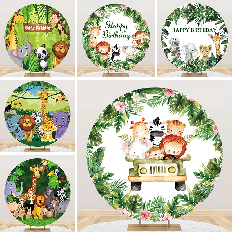 

Safari Jungle Animals Oh Baby Round Backdrop Zoo Birthday Party Decorations Boy Girl Woodland Circle Background for Photography