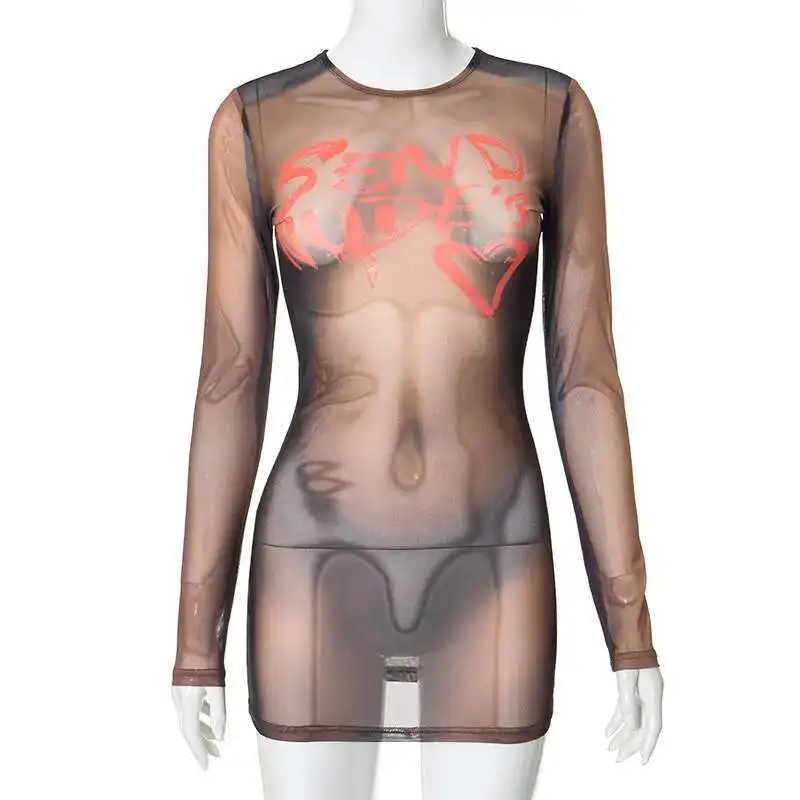 

Women's D23ds410 2025 New New Product Fashion Personality 3d Human Printing Perspective Long Sleeve Hip Wrapping Dress Women