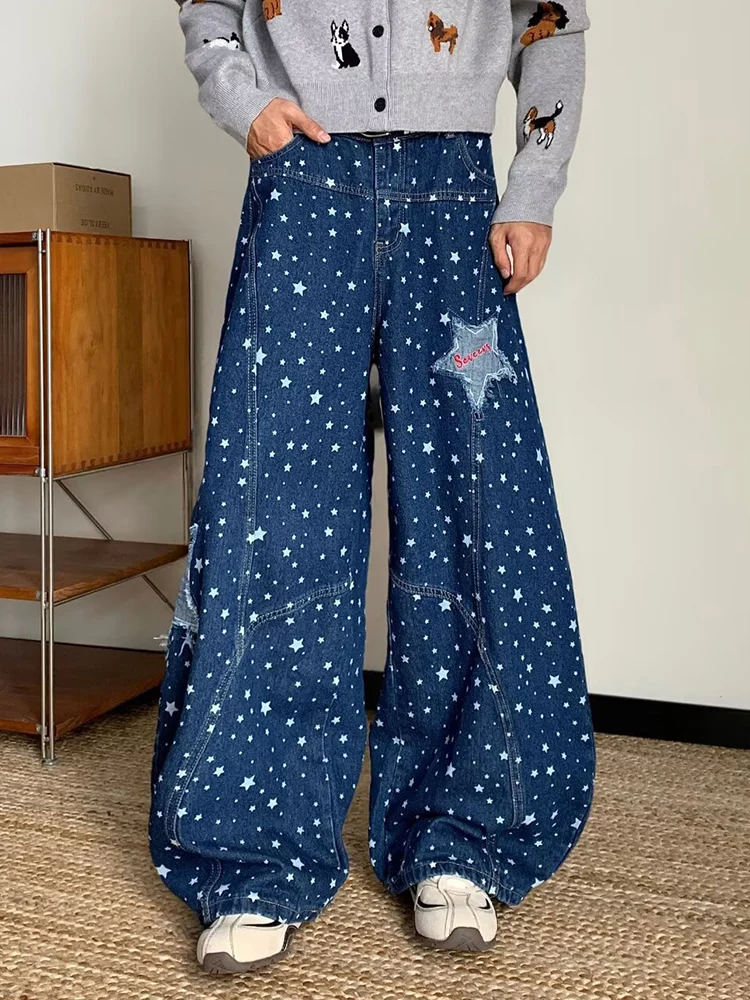 American Vintage Star Jeans For Men Printed Patch Loose Denim Pants Fashion High Street Splicing Hip Hop Wide Leg Trousers
