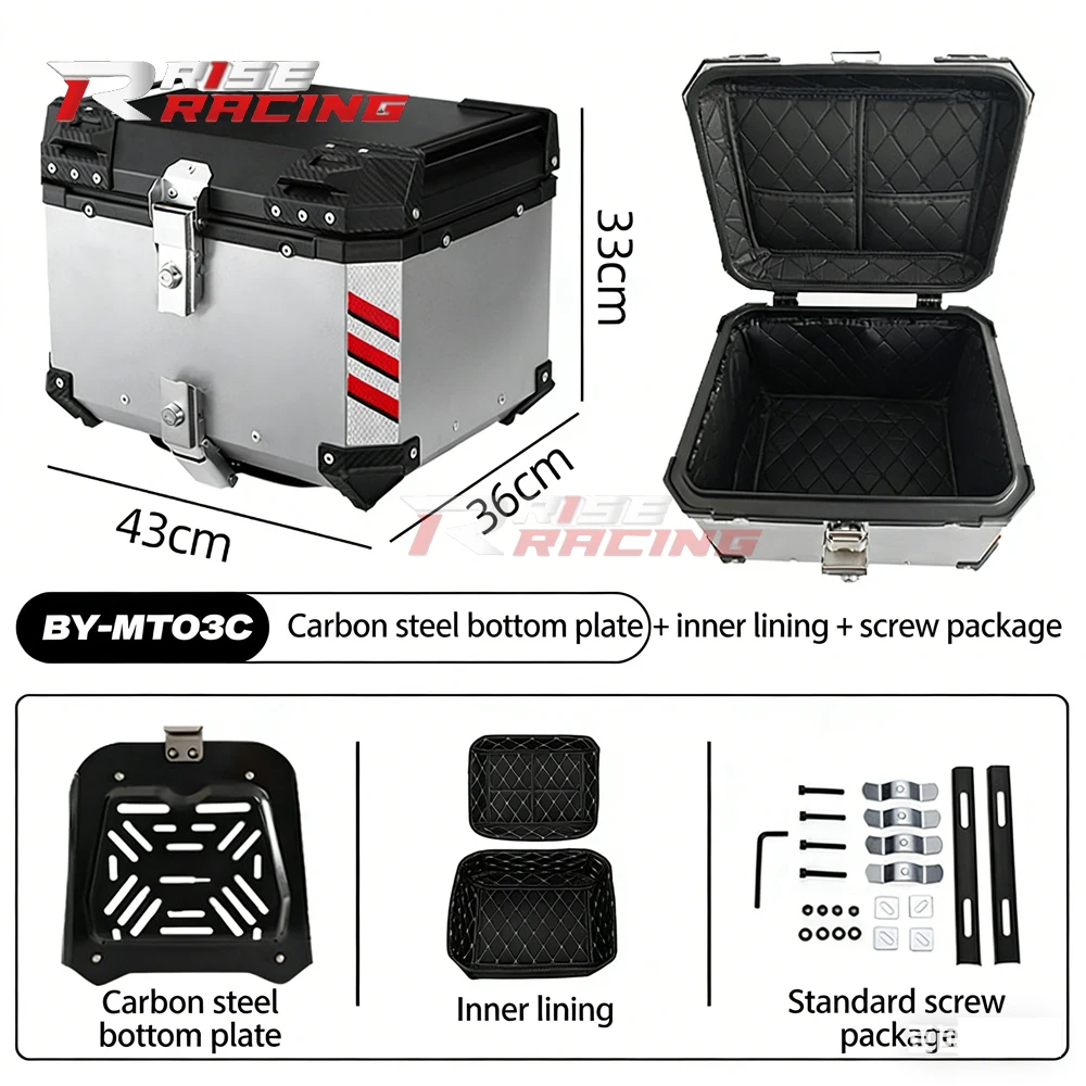 Rise Racing 45L Silver Aluminium Carrier Motorcycle Rear Top Case Tail Box Waterproof Motorcycle Luggage Trunk Storage Top Case