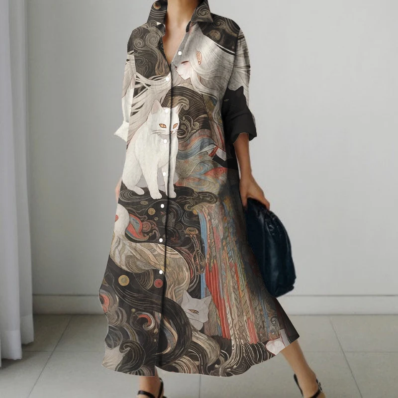 Japanese Classical Cat Wave Print Autumn Long-sleeved Shirt Dress Street Fashion Loose Knee-length Skirt Loose And Comfortable