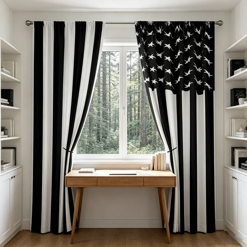 American Flag Curtains 2pcs Black White Patriotic Window Drapes Stars Stripes Modern USA Home Decor Curtain Pair Treatment