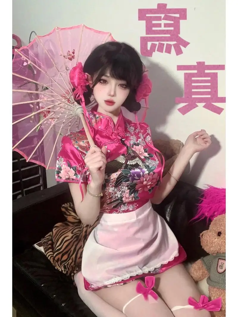 Vestido chinês de culinária hanfu para mulheres, garota sexy, desejo puro, estilo picante, cheongsam melhorado com conjunto de avental, estilo chinês