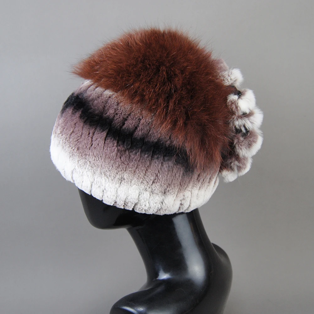 New Arrival Ladies Genuine Fur Hats Winter Women Knitted Real Rex Rabbit Fur Hat Good Elastic Natural Fluffy Silver Fox Fur Caps