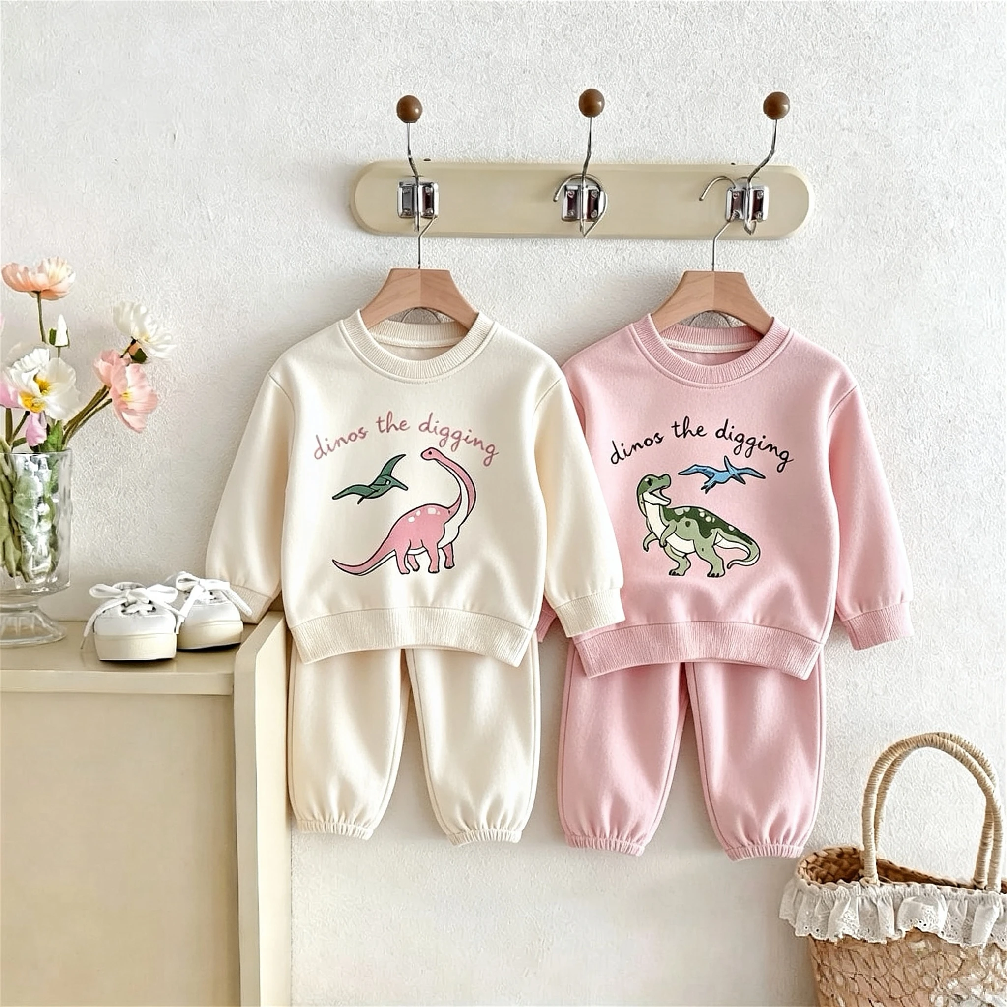 Dinosaur Printed Baby Girls Long Sleeve Sweatshirt Set Spring Fall Clothes Cartoon Fashion Kids Two Piece Outfits Children's Set