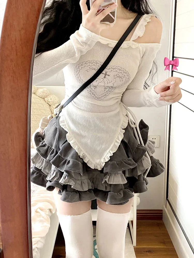 Japoński styl dzianinowy Kawaii Vintage 2-częściowy zestaw spódnic dla kobiet Vintage Print Y2k Crop Tops Bluzka + Mini spódniczka Korean Chic