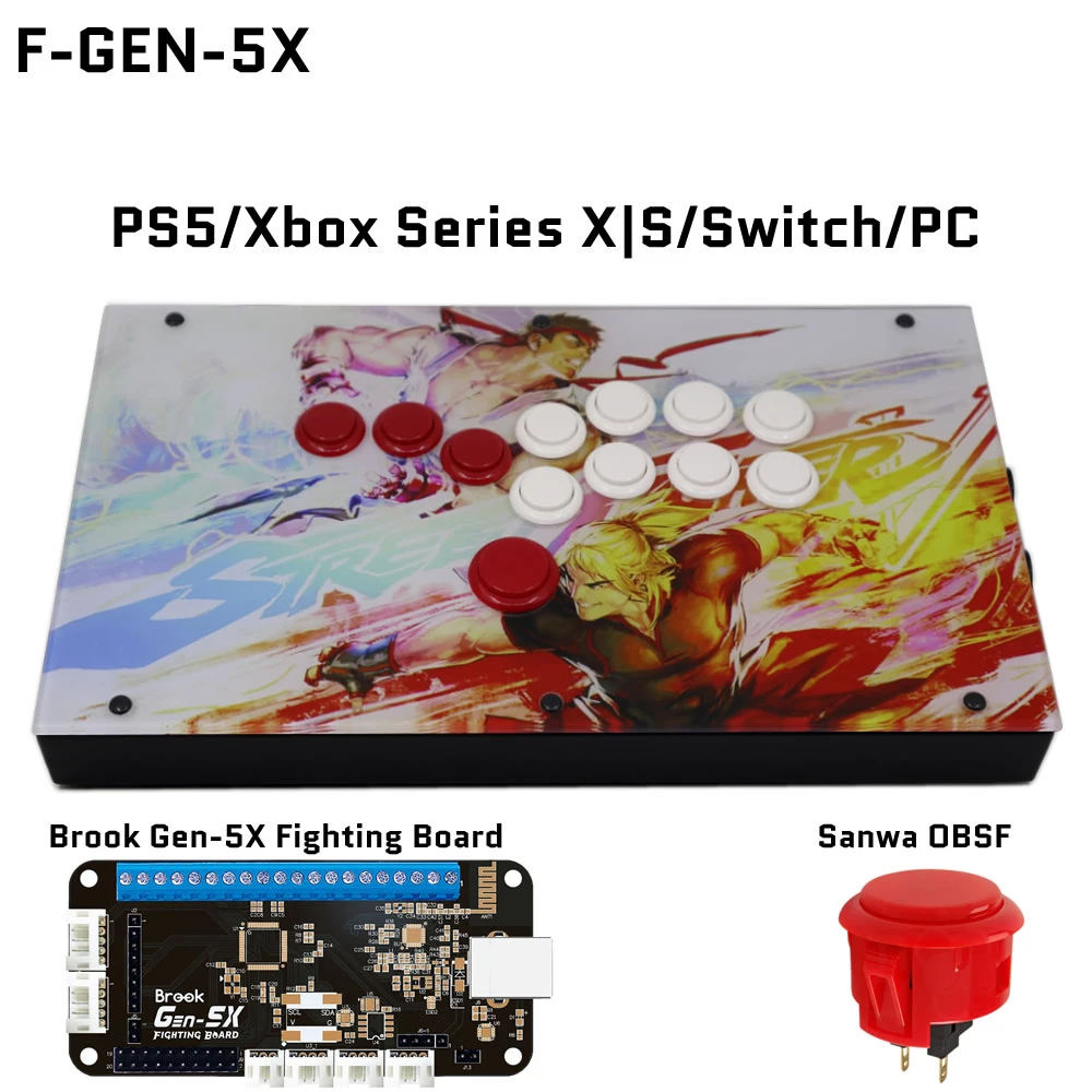 

FightBox F-GEN-5X uses Brook Gen-5X fighting board and supports PS 5/Xb Series X|S/s witch/PC game consoles Sanwa OBSF-24/30