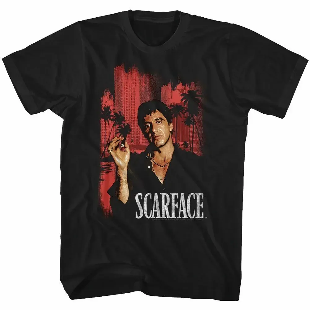 Scarface Red Cityscape Black Adult T Shirt