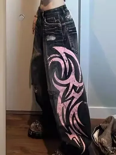 

Trendy High Street Printed Denim Pants Women's Wide Leg Casual Floor-Length Pants Dance Ocn Cotton Stretch Straight Cut