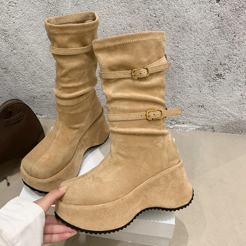 

Women's Platform Suede Mid Calf Boots 2025 Winter Fashion Shoes Designer Elegant New Long Boots Casual Cozy Zapatillas De Mujer
