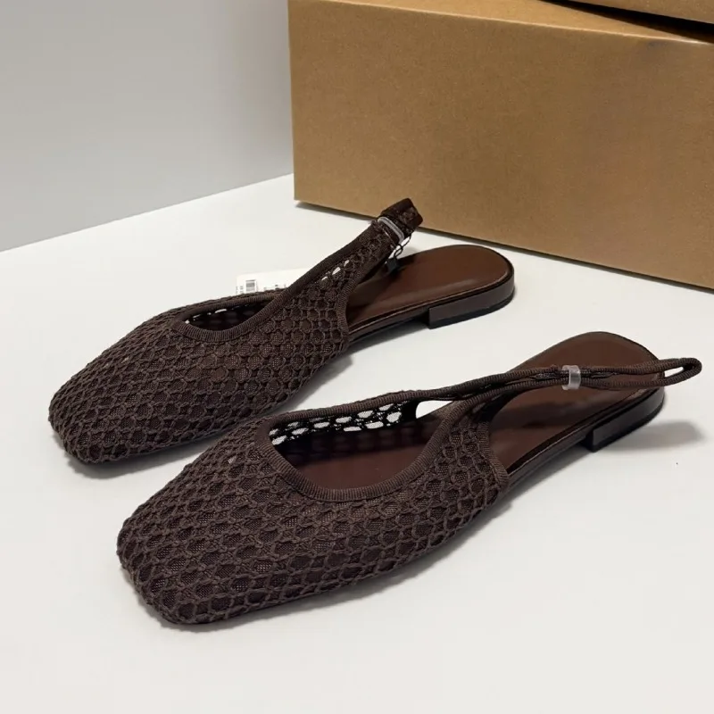 

Woven Mesh Hollow Out Women Summer Shoes Square Toe Breathable Slip on Leisure Comfort Vacation Beach Flat Sandals for Ladies