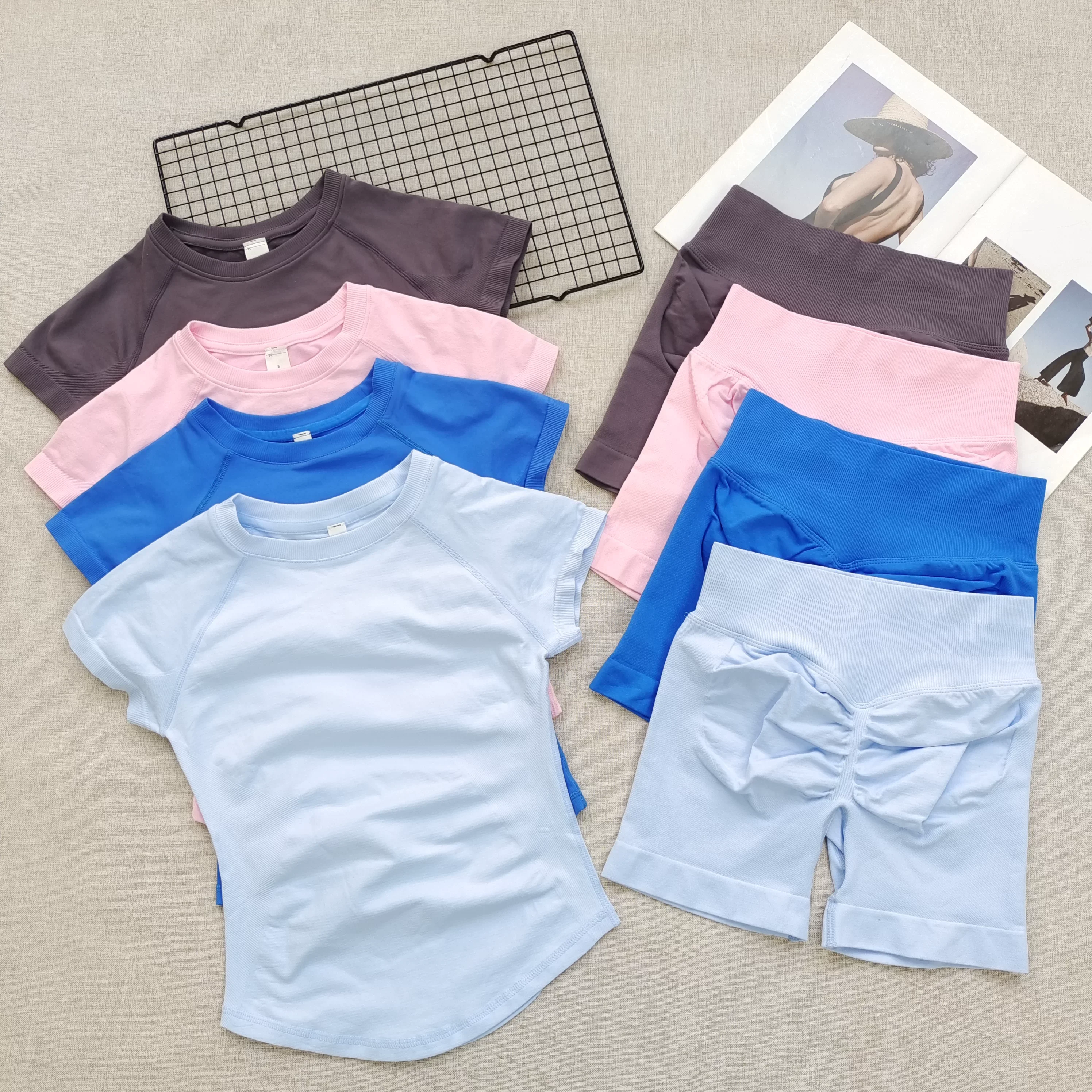 Women's Summer 2 Piece Workout Set Slim Short Sleeve Yoga Top High Waist Butt Lifting Shorts for Fitness Gym and Running