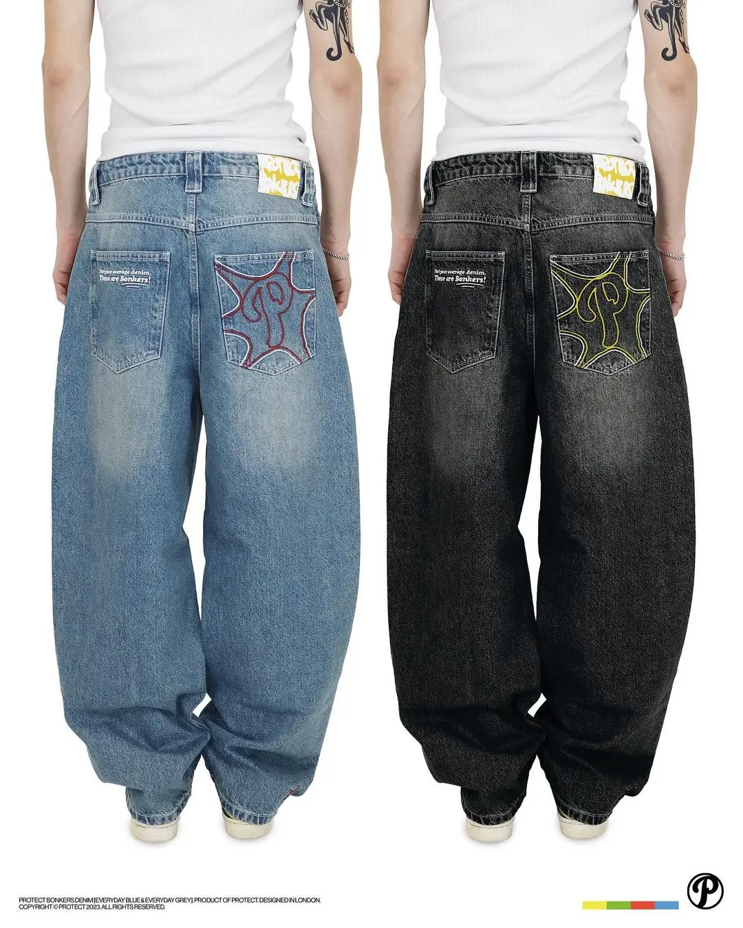 Pantalones vaqueros Harajuku para hombre, ropa de calle con bordado de letras protectoras, estilo Hip Hop, Retro, holgado, negro, pierna ancha, Y2k