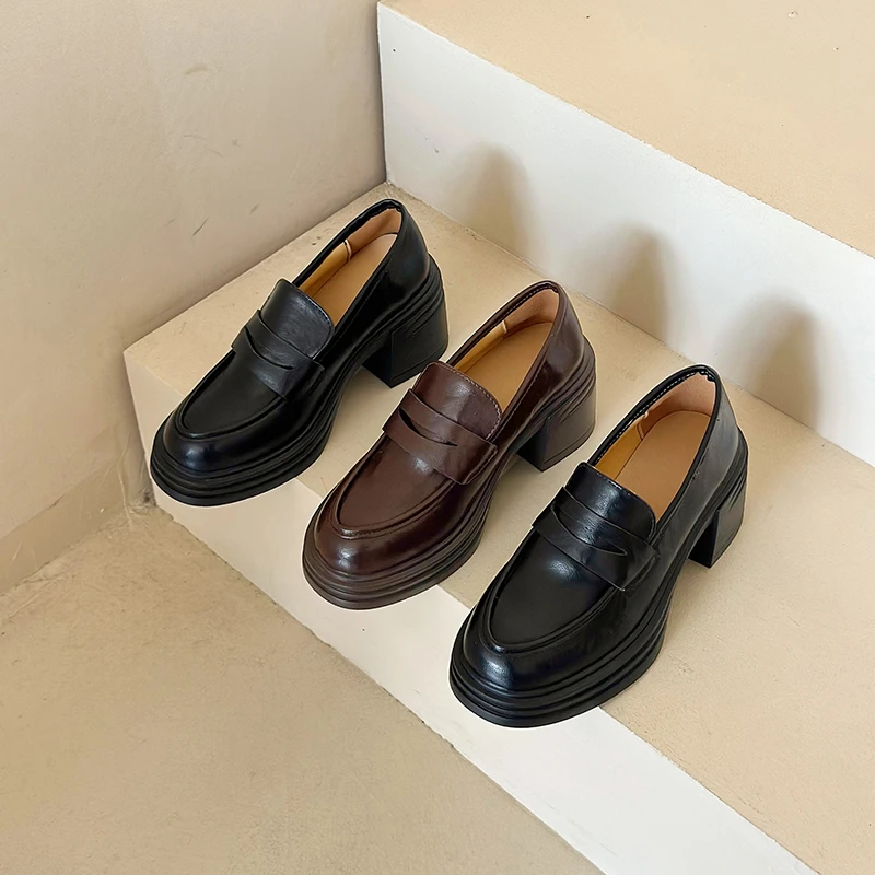 

Vintage Simple Round Toe Chunky High Heel Loafer Women's Deep Mouth Single