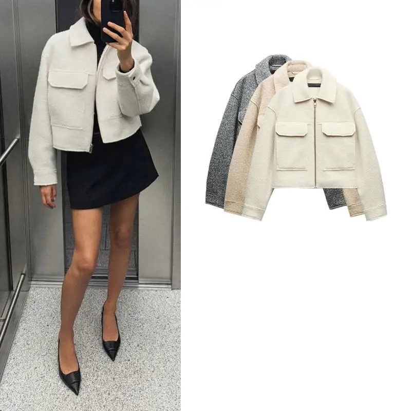 Automne hiver femmes Faion Long Sve col cranté ort Jaet manteau perle Fce polyvalent coupe ample longueur régulière Zi...