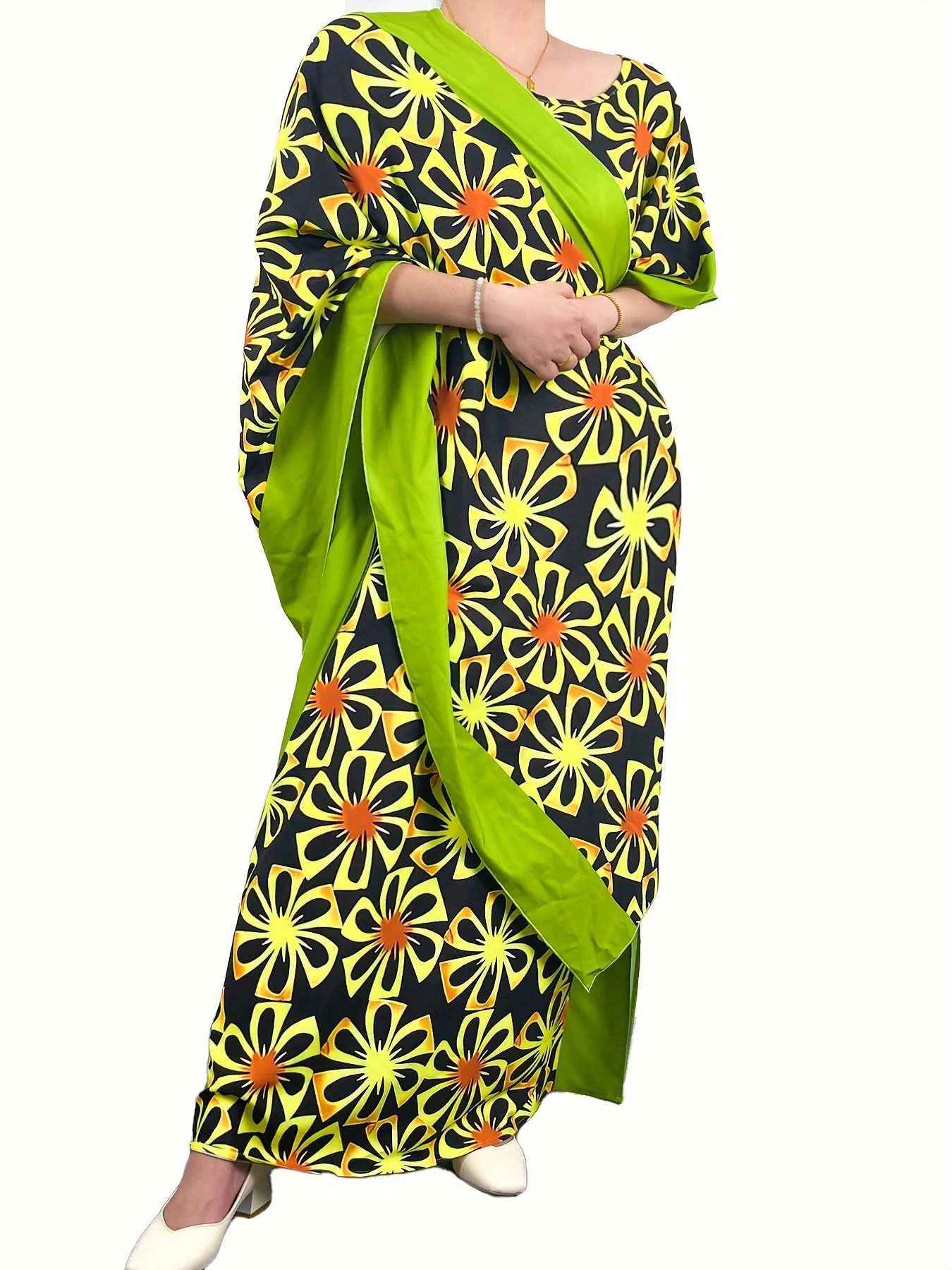

Plus-Size Women's Colorful Floral Contrast-Collar Long Dress