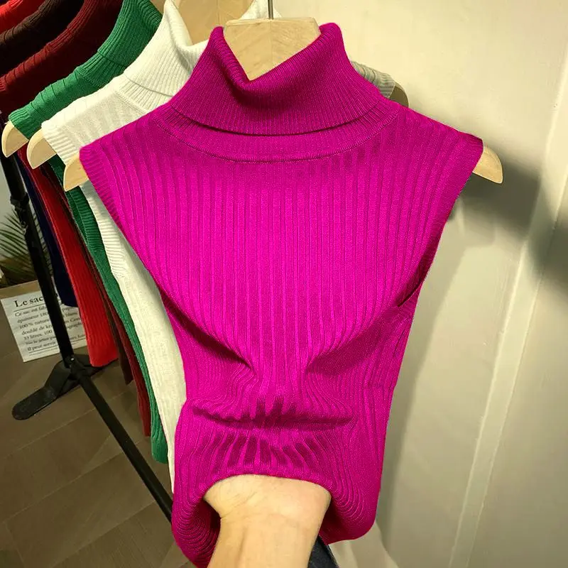 Suéter de cuello alto sin mangas para mujer, Top Delgado, camiseta interior verde, chaleco de punto con cuello vuelto, primavera y otoño, nuevo