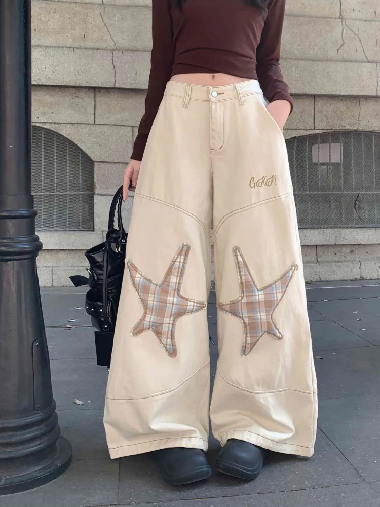 

Женские джинсы-брюки 2026 Cyber Y2K Streetwear с вышивкой звезд, бежевые, широкие, свободные, повседневные, длинные