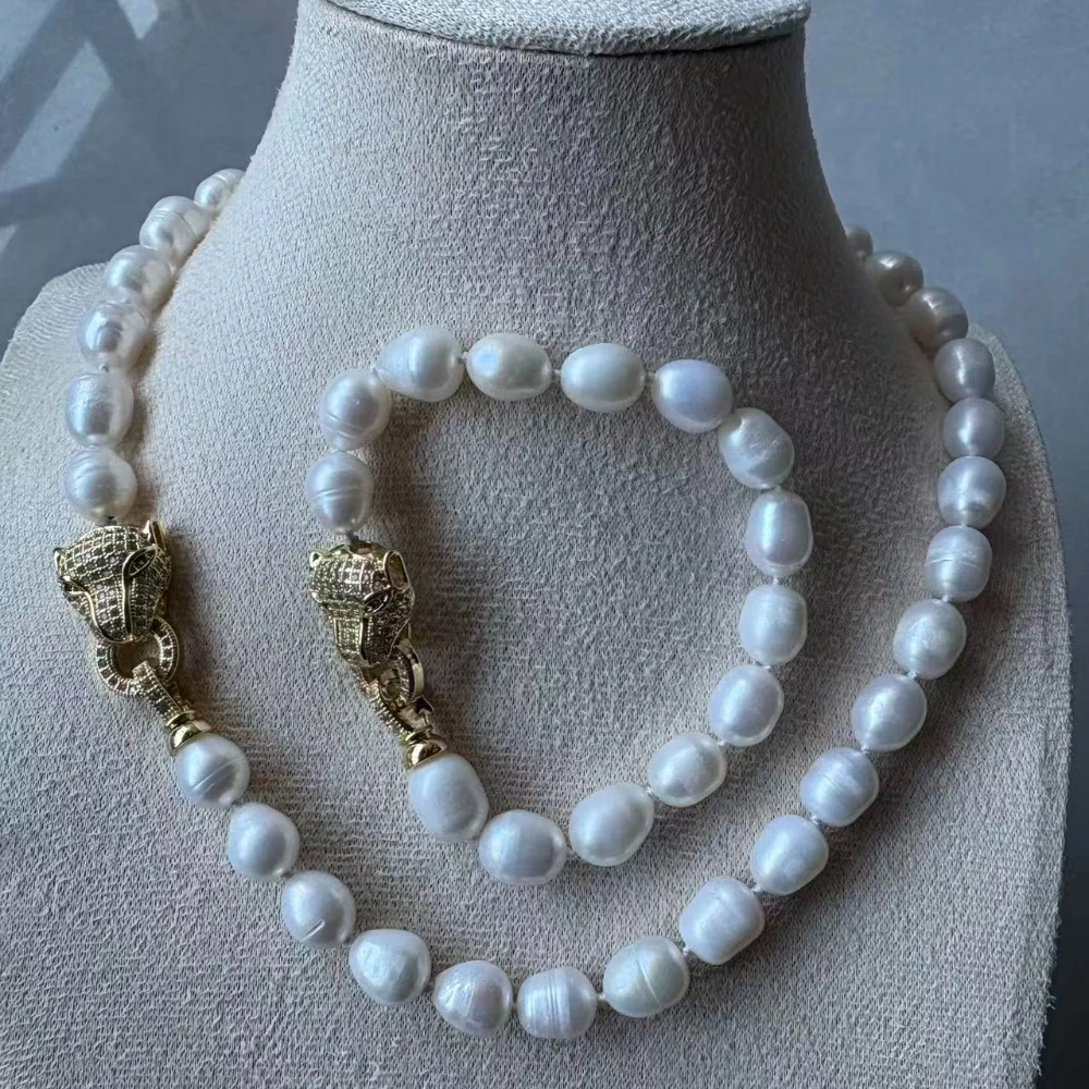 White Purple Black Cultured Pearl Necklace  Bracelet With Panther Puma Lock  Jewelry Sets for Women